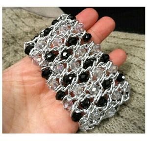 Bead & Chain Cuff Bracelet Black Silver Iridescent